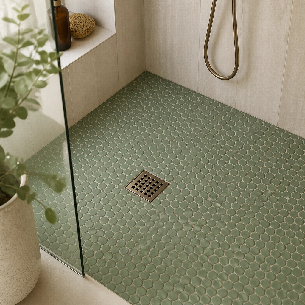 A shower floor covered with small matte green adhesive mosaic stickers, creating a cohesive pattern around the drain area.