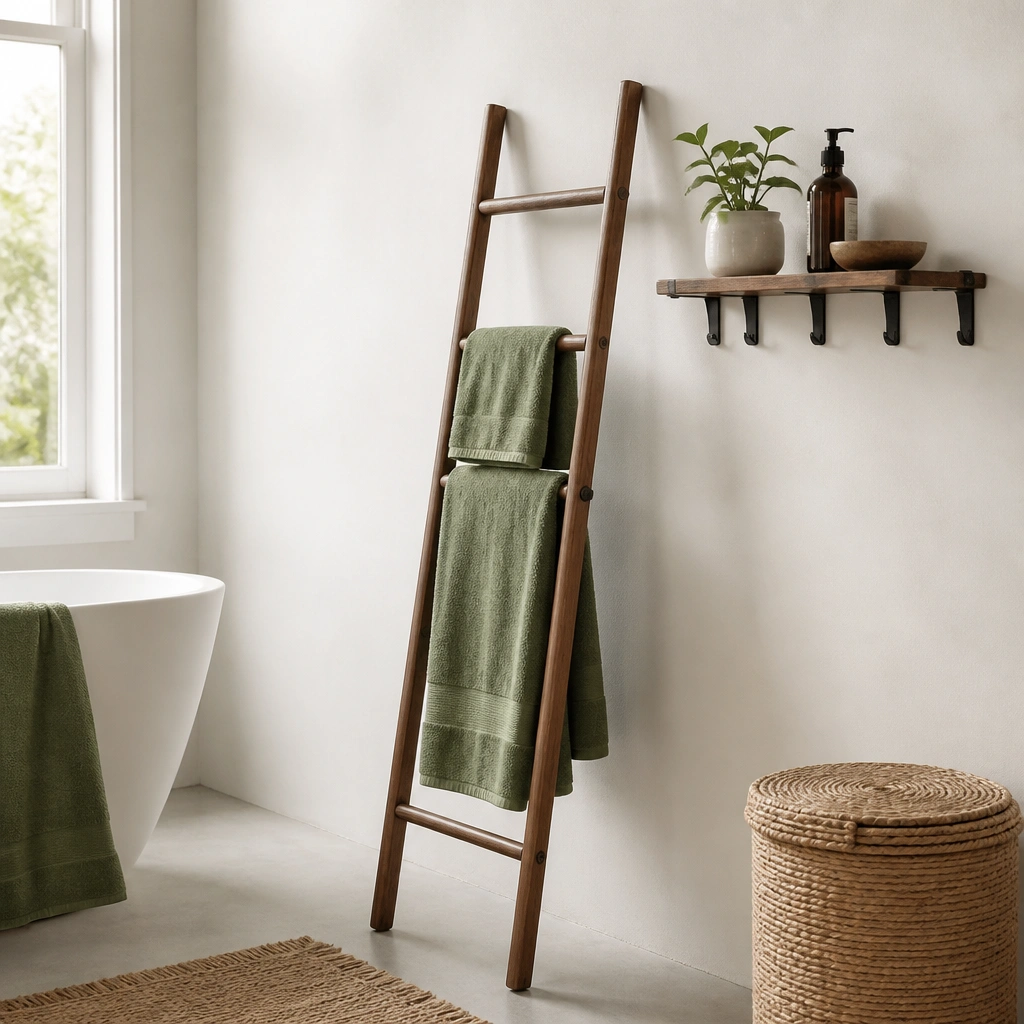 A slim ladder-style towel rack leaning against the wall with green towels draped over it; multiple adhesive hook points hold a small shelf above.