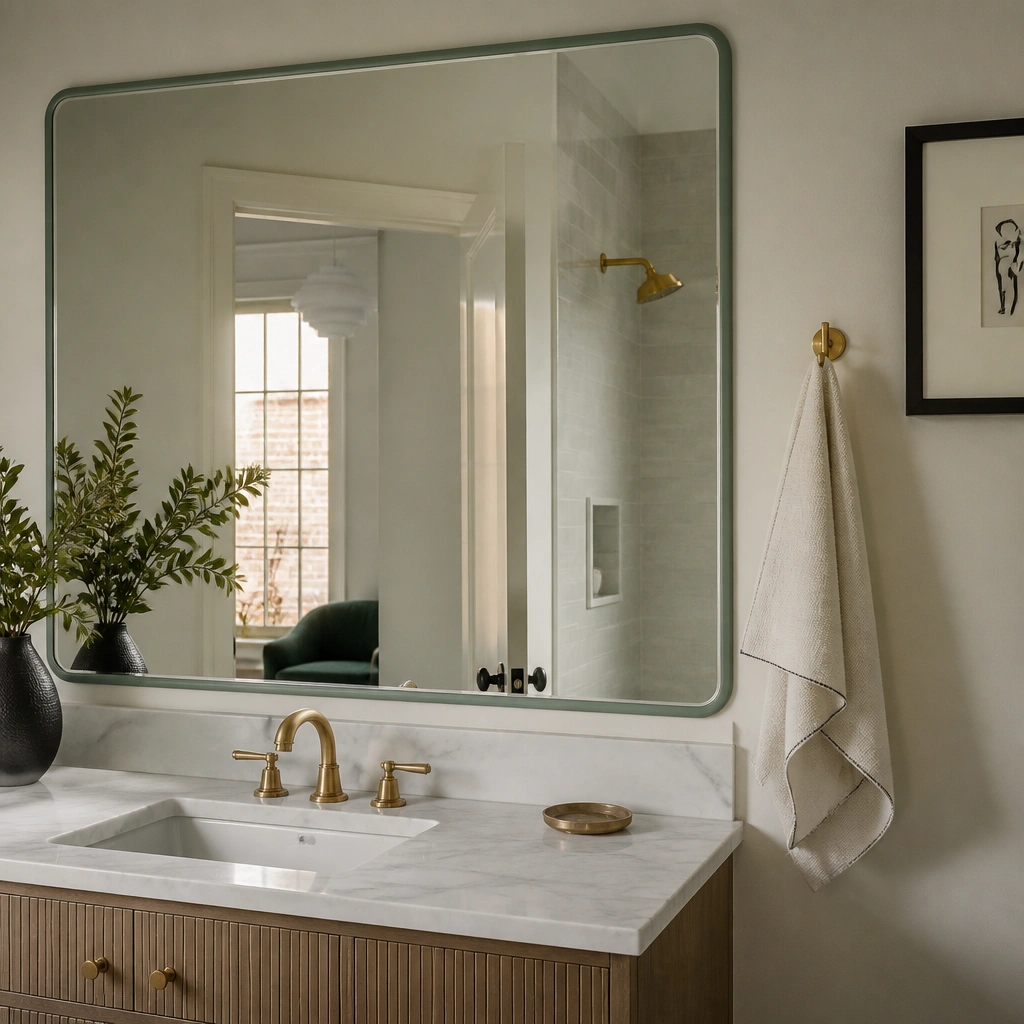 A bathroom mirror with a thin matte green frame edge created by peel-and-stick trim, making the mirror look like a custom built-in.