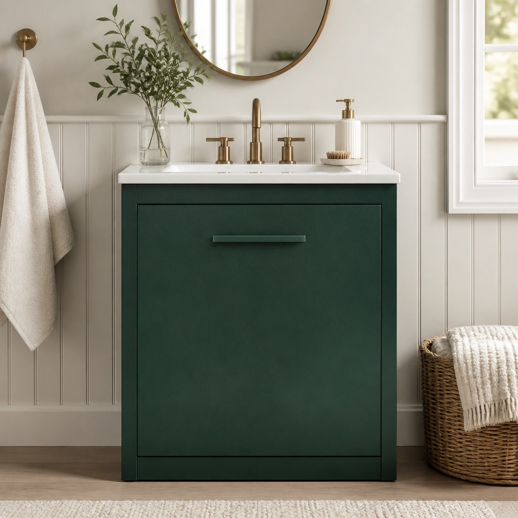 A small vanity with a deep green contact paper wrap on the cabinet front, finished with a matching green pull handle and a white countertop still visible.