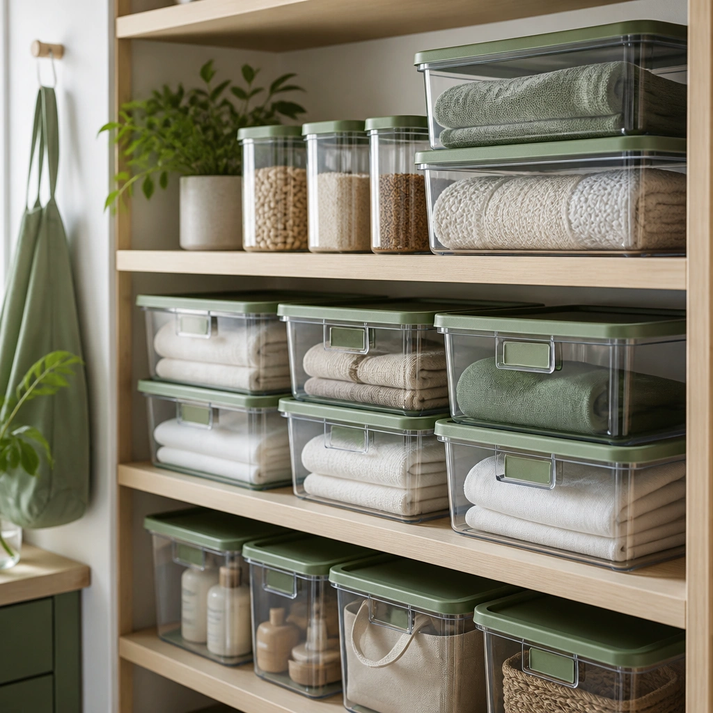 Open shelving with stackable clear-and-green bins, matching green-lidded containers, and small removable labels; a small plant sits near the back.