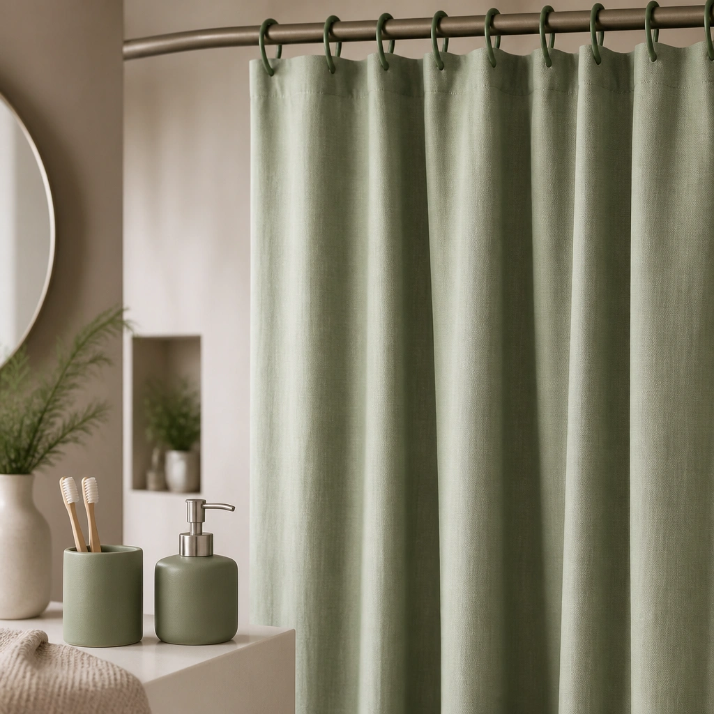 Green shower curtain rings holding a sage curtain, with a matching toothbrush holder and soap dispenser on a small counter.