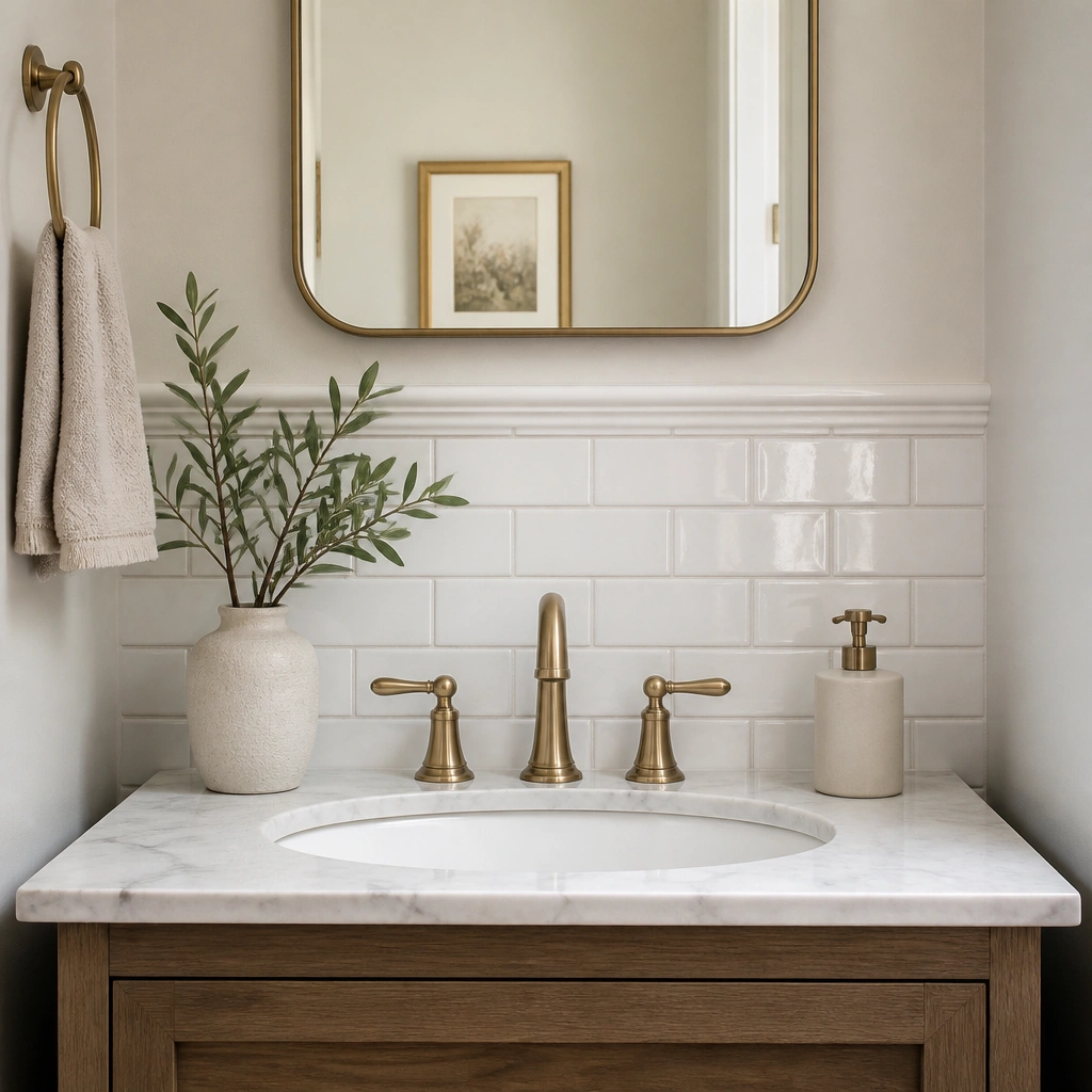 A half bathroom sink with a small peel-and-stick tile backsplash in a soft white subway pattern, crisp grout lines, and a brass faucet, photographed straight-on at counter height.