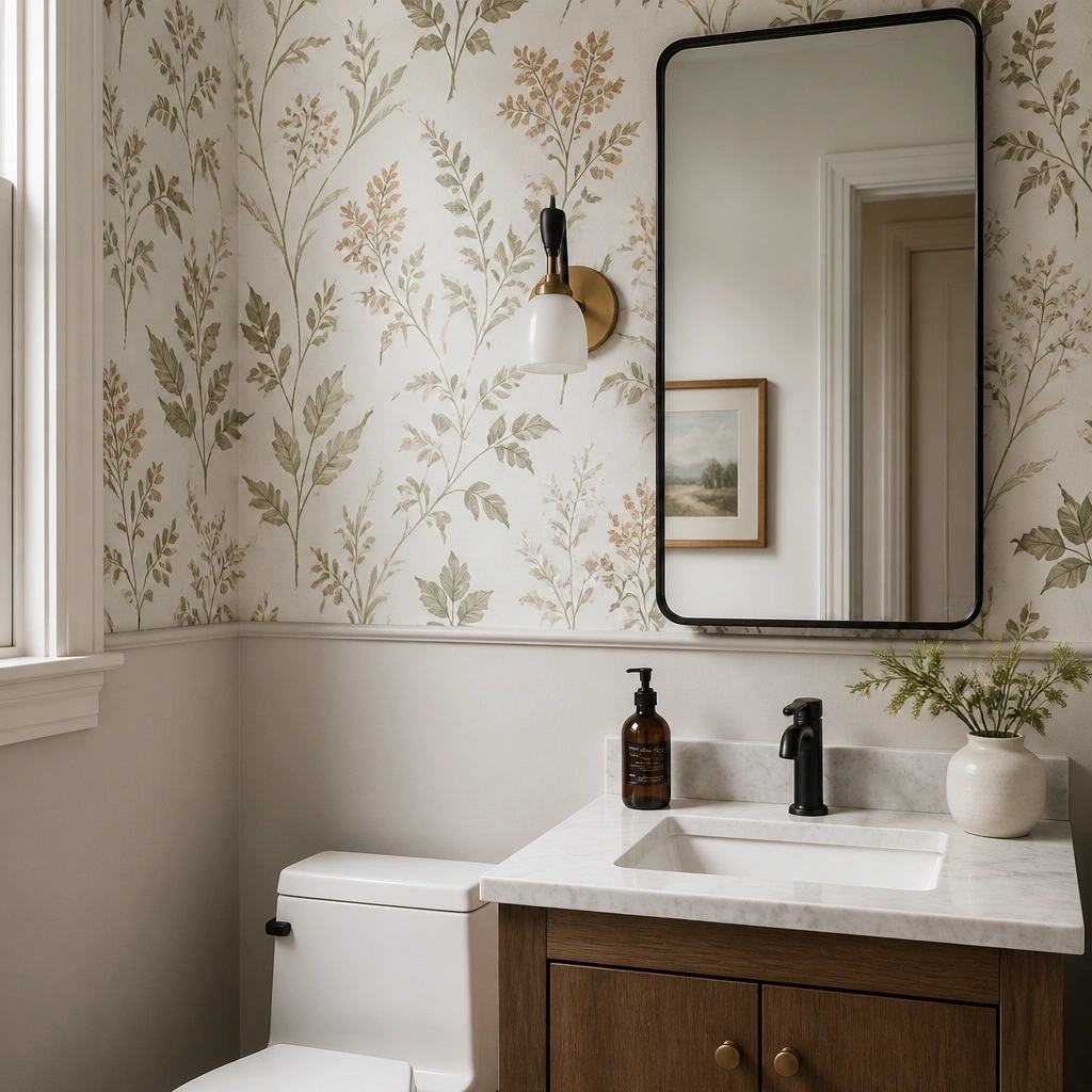 A half bathroom with removable botanical wallpaper on the upper half of the wall, the lower portion in a simple neutral paint, and a framed mirror with a slim black frame.