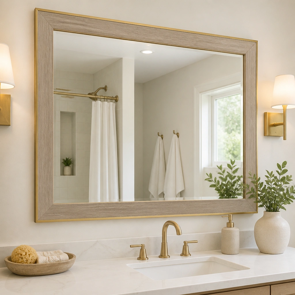 An existing builder mirror with a new faux wood frame border made from peel-and-stick trim, plus a warm gold accent around the edges, photographed with bright bathroom lighting.