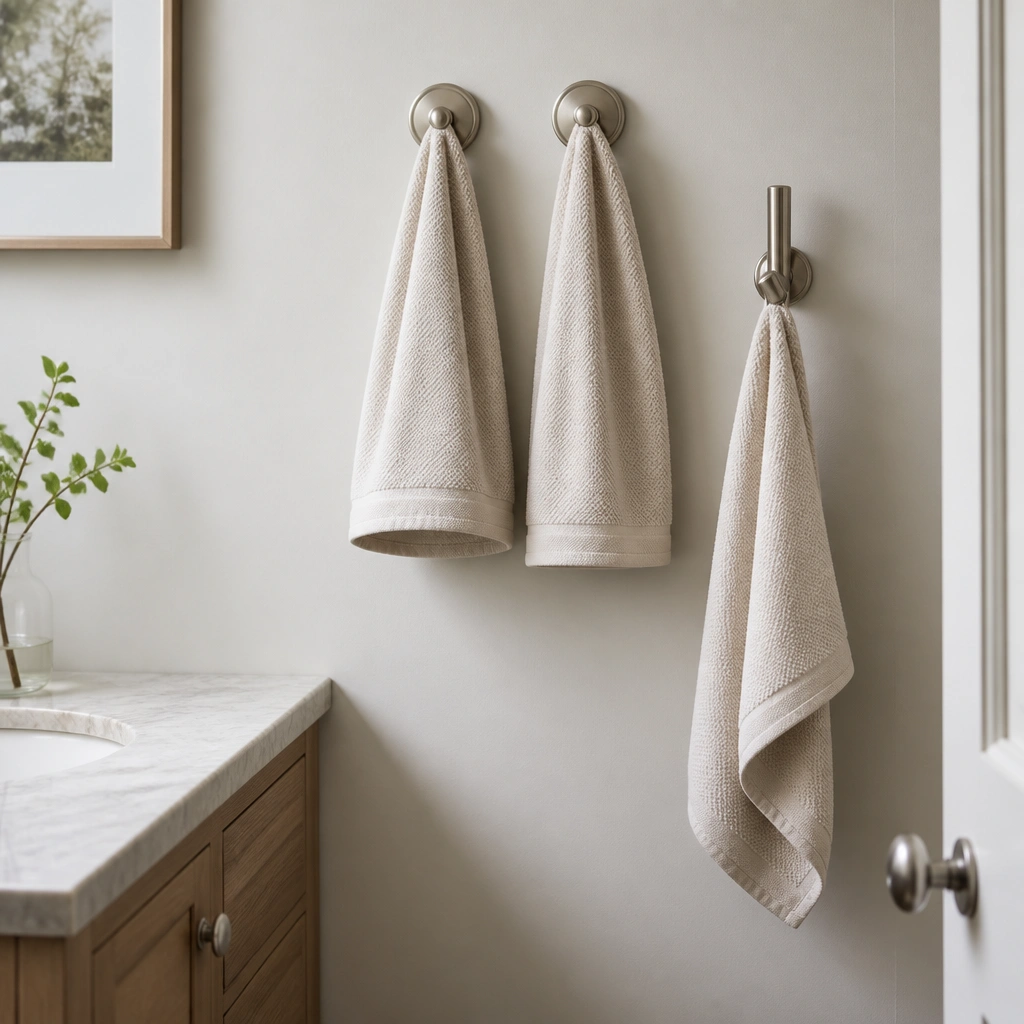 A half bathroom wall with two magnetic hooks holding a folded hand towel and a robe hook style magnetic hook holding a small hand towel, all in brushed nickel.