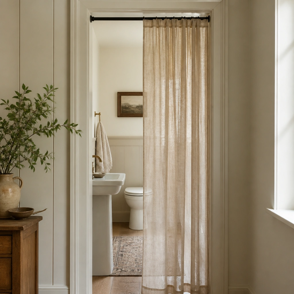 A half bathroom with a tension rod installed inside the doorway area, holding a sheer-to-semi-sheer curtain in a soft linen color, with the sink and toilet visible behind it.
