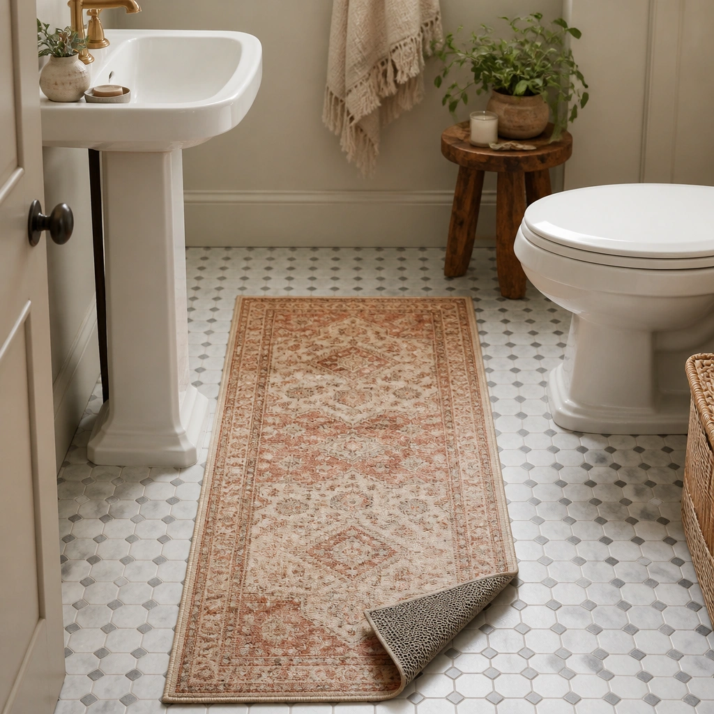 A small bathroom floor with a patterned removable runner rug in muted terracotta and cream, showing a non-slip backing and visible edges placed in front of the sink and toilet area.