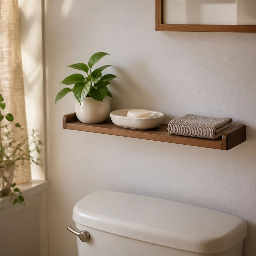A small ledge mounted without drilling above the toilet area, styled with a mini plant, a ceramic tray, and a folded hand towel, photographed in warm natural light.