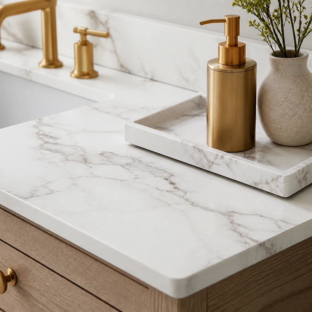 A bathroom vanity top updated with a removable faux marble peel-and-stick countertop cover, with a matching tray and a gold pump bottle, photographed close-up on texture.