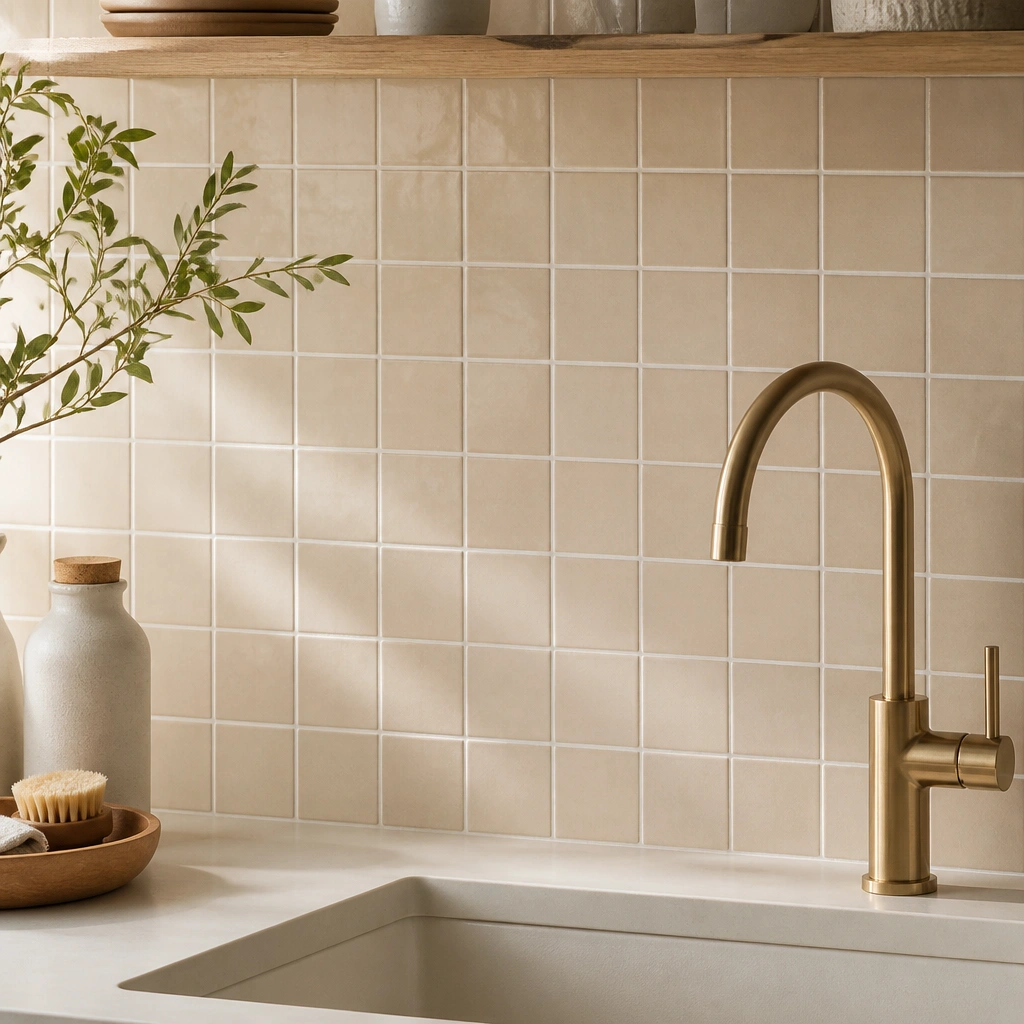 A close-up of a kitchen backsplash covered in peel-and-stick square tiles in warm sand beige with subtle grout lines, installed in a neat grid behind a sink area.