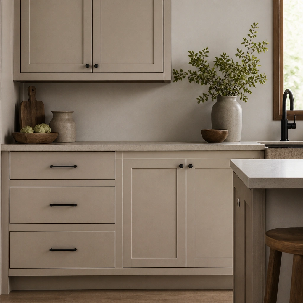 Kitchen cabinet doors with a new matte beige laminate look, showing crisp edges around the frame and a uniform finish across multiple doors.