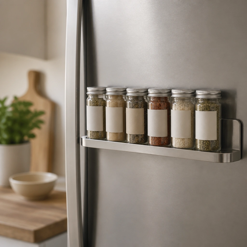 A stainless magnetic spice rail mounted on the side of a refrigerator or metal cabinet, holding small clear spice jars with beige and cream labels.