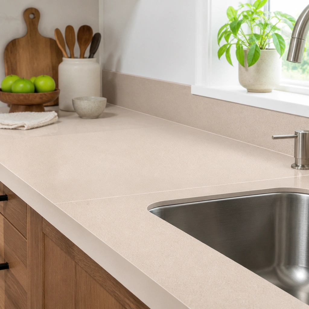 A beige countertop with a smooth, protective sheet installed along the main workspace, with a subtle speckle texture and clean seams near the sink.
