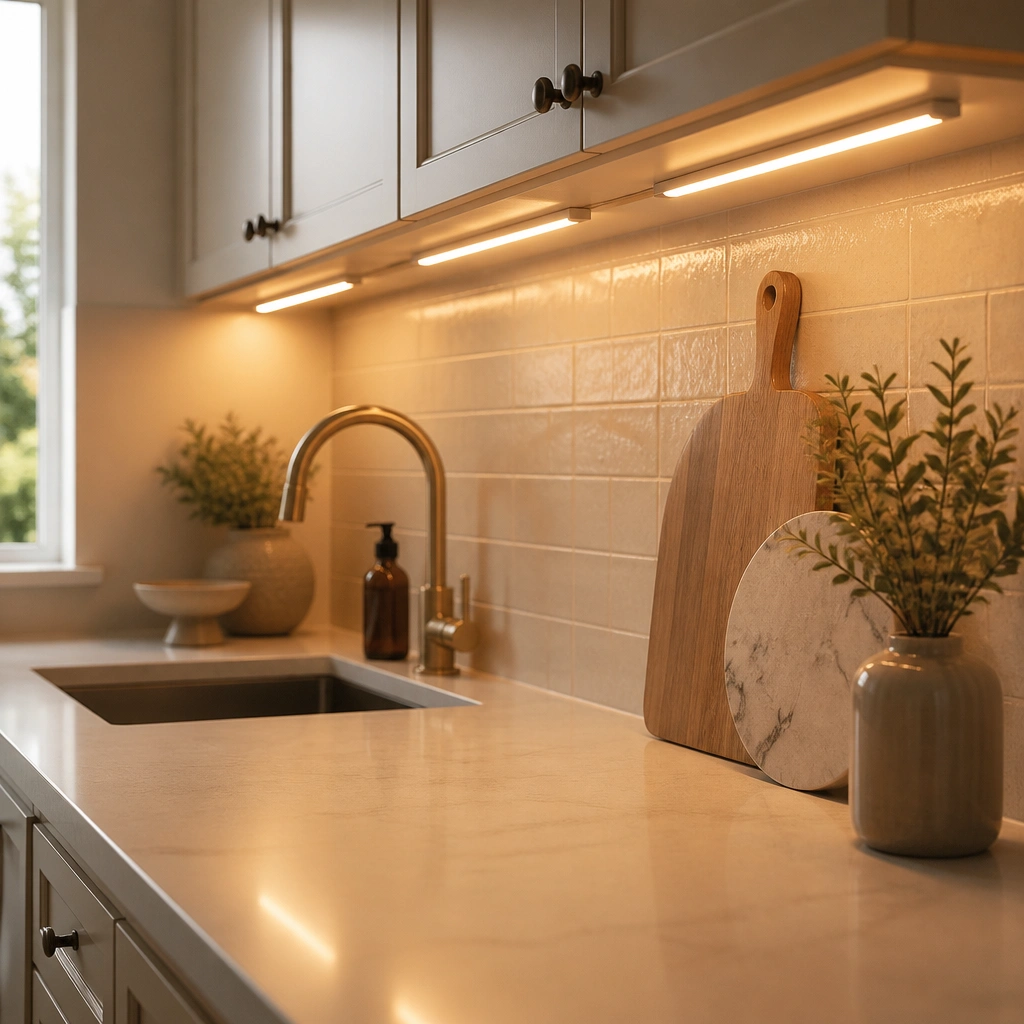 Under-cabinet LED lights clipped to the underside of upper cabinets, casting a warm amber glow onto beige backsplash and counters.
