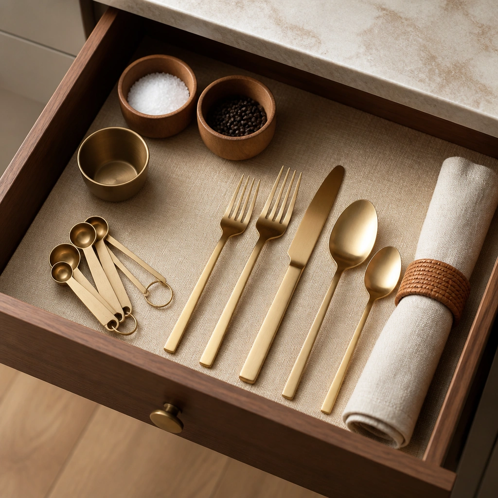 A drawer lined with a warm beige liner featuring a subtle linen texture, with neatly arranged utensils and small containers on top.