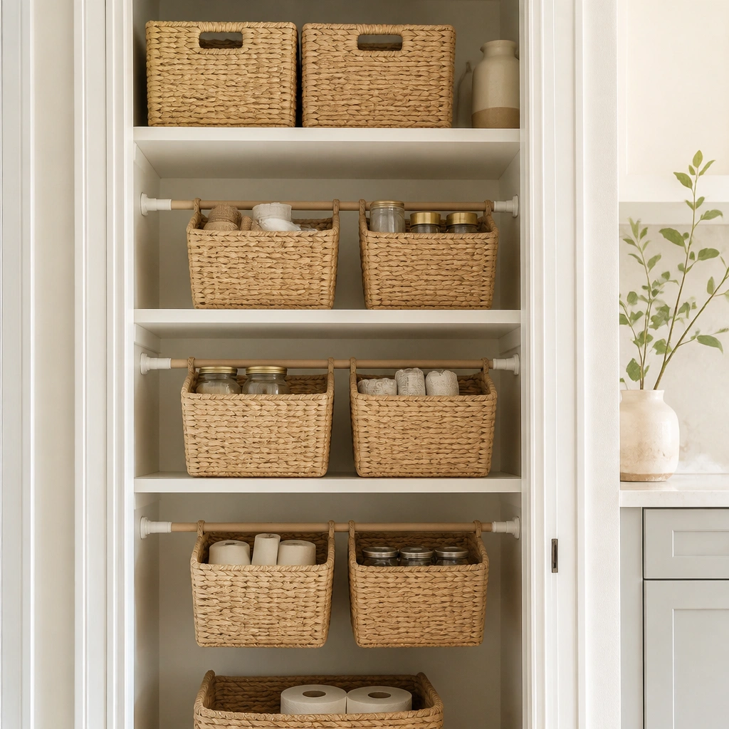 A pantry or cabinet area styled like open shelving with tension rods holding baskets, showing beige woven baskets and neutral labels.