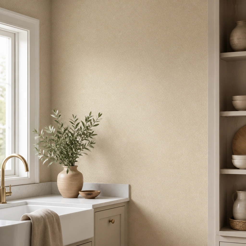 A kitchen wall covered in removable beige wallpaper with a soft textured pattern, coordinated with warm white trim and beige decor items on a nearby shelf.