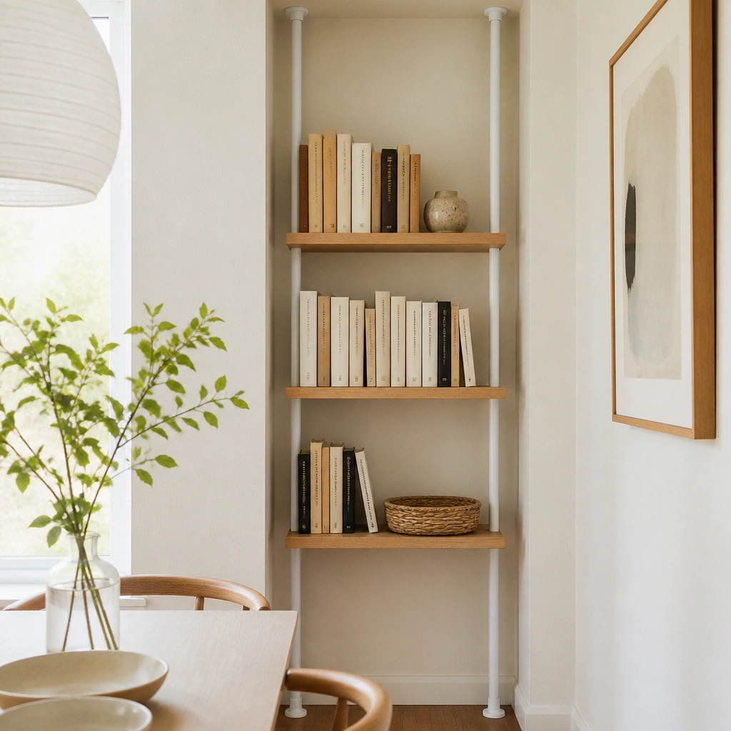 A slim dining corner with a white metal tension rod mounted between two walls, holding three removable wooden “steps” like a ladder; books are lined upright, and the bottom shelf has a small wicker tray.