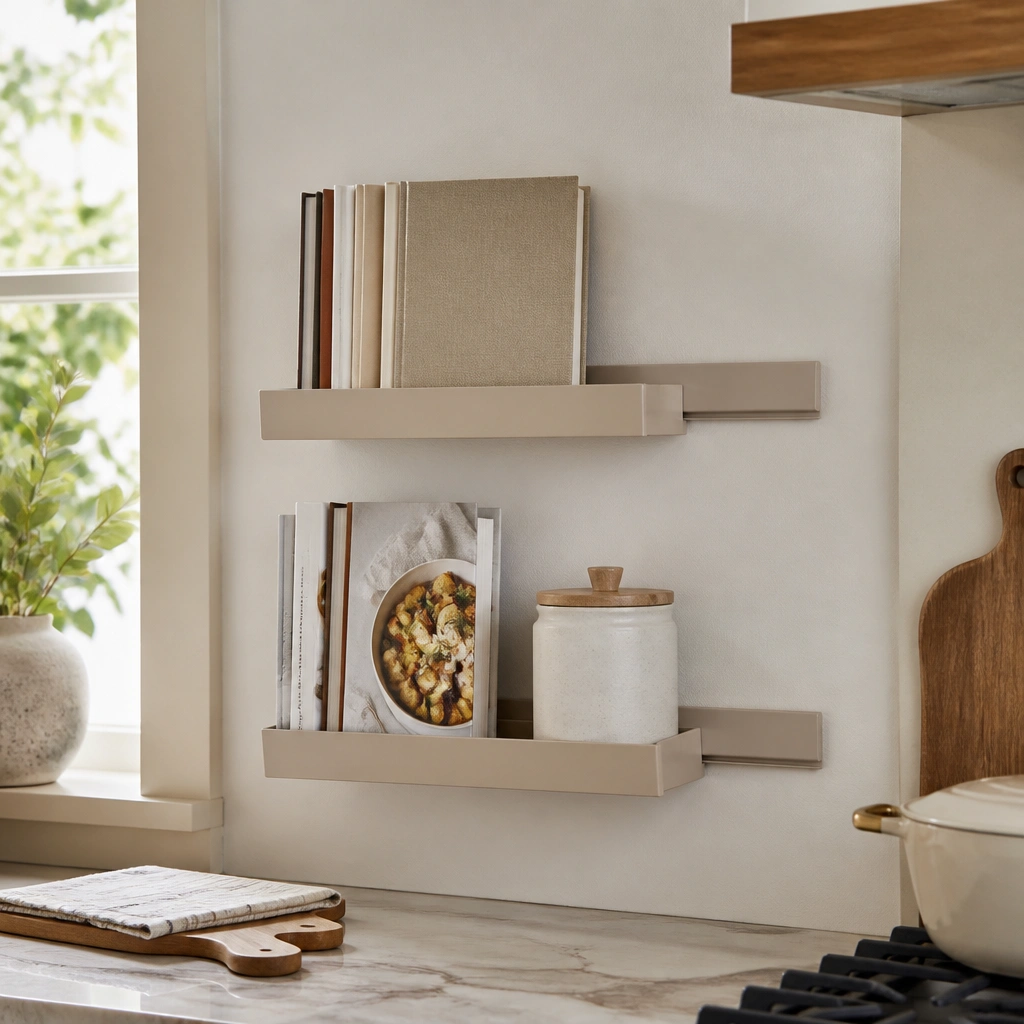 A kitchen wall with two horizontal rows of removable adhesive rails; small rectangular shelves are snapped onto the rails, holding cookbooks and a ceramic canister below. The wall shows no holes, and the shelves sit level.