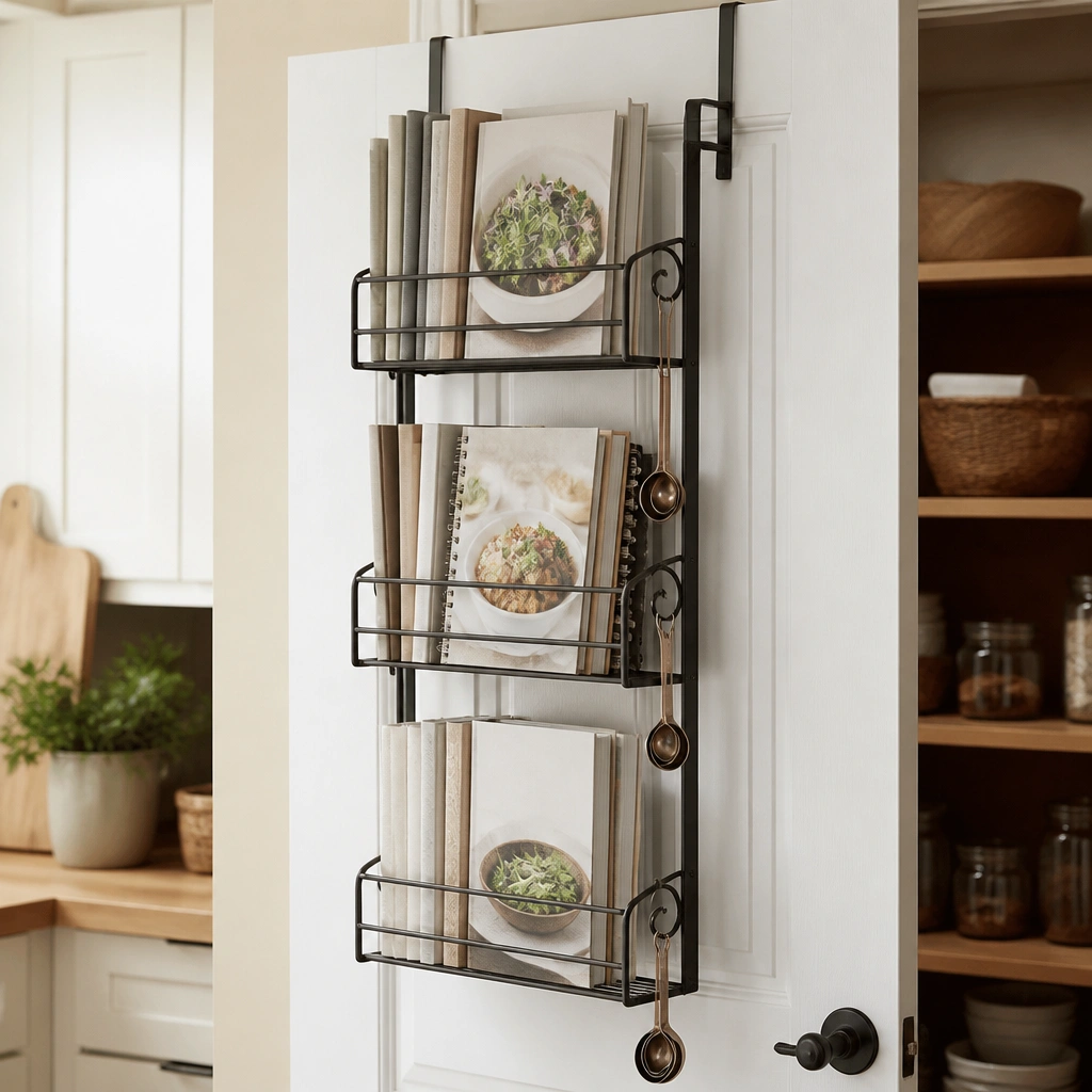 An over-the-door shelf organizer hanging on a pantry door; three tiers hold slim cookbooks and recipe binders, with small decorative hooks on the sides for measuring spoons.