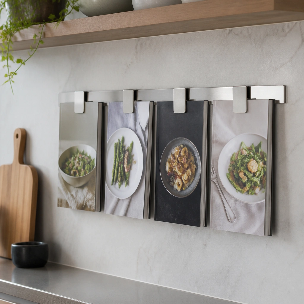 A stainless-look magnetic rail mounted on a backsplash area (using removable magnetic backing or a peel-and-stick metal strip), with small magnetic clips holding thin books vertically like files.