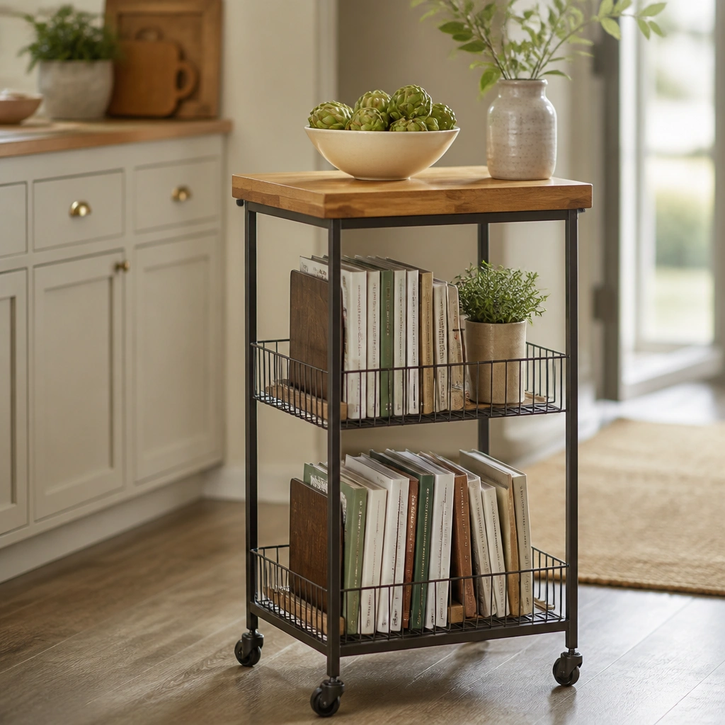A narrow rolling cart with two wire shelves and a wooden cutting-board top; square book inserts keep cookbooks upright, and the cart has small wheels for moving.