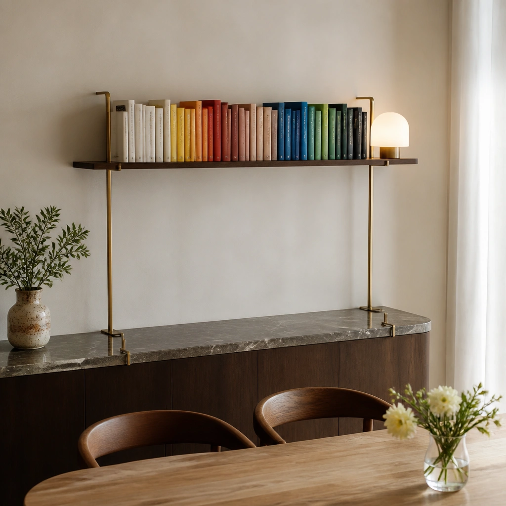 A dining wall with two slim vertical standoffs that attach to the countertop edge (no wall holes), holding a shallow shelf above; books are arranged by color, with a small lamp on the far end.