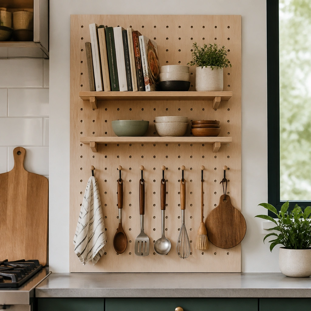 A small kitchen wall area covered by a removable pegboard panel; clip-on wooden shelves hold cookbooks, and hooks below display utensils. The pegboard edges look clean and aligned.