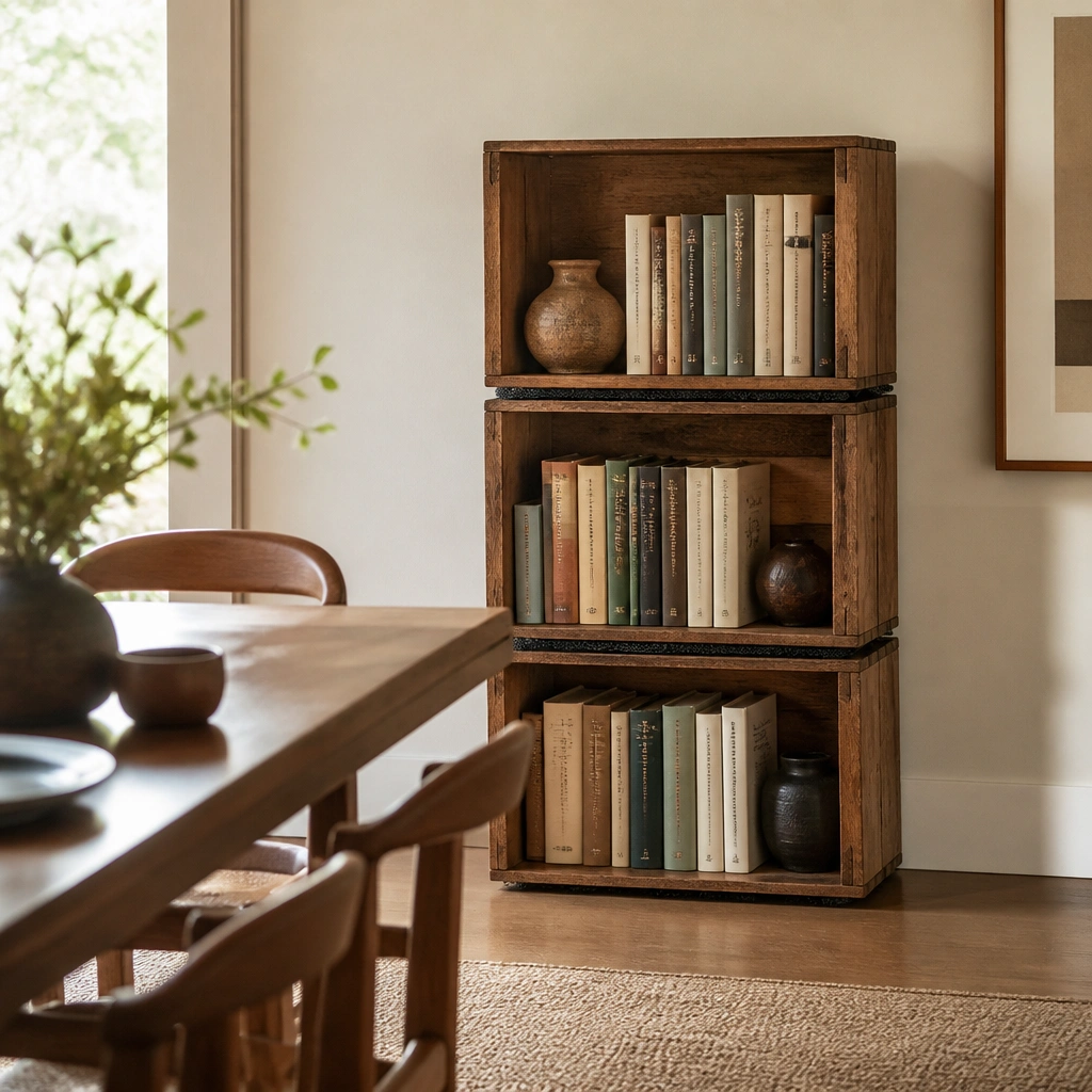 Three stacked wooden crates arranged horizontally like shelves along a dining wall; each crate has books inside and an anti-slip mat between crates. The color matches the room’s warm wood tones.