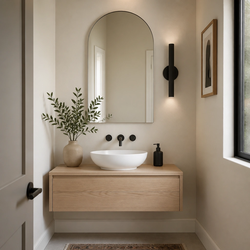 A modern half bathroom with a floating light-oak vanity (no toe kick), a matte white ceramic vessel sink, and an arched frameless mirror above. The wall is painted warm off-white, with a single matte black wall sconce on the side.