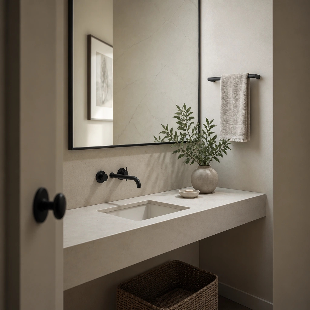 A half bathroom featuring a narrow white stone counter (single slab look), a simple undermount sink, and a slim matte black towel bar mounted beside the mirror. The mirror is a thin black frame, and the backsplash is the same stone continuing up the wall.