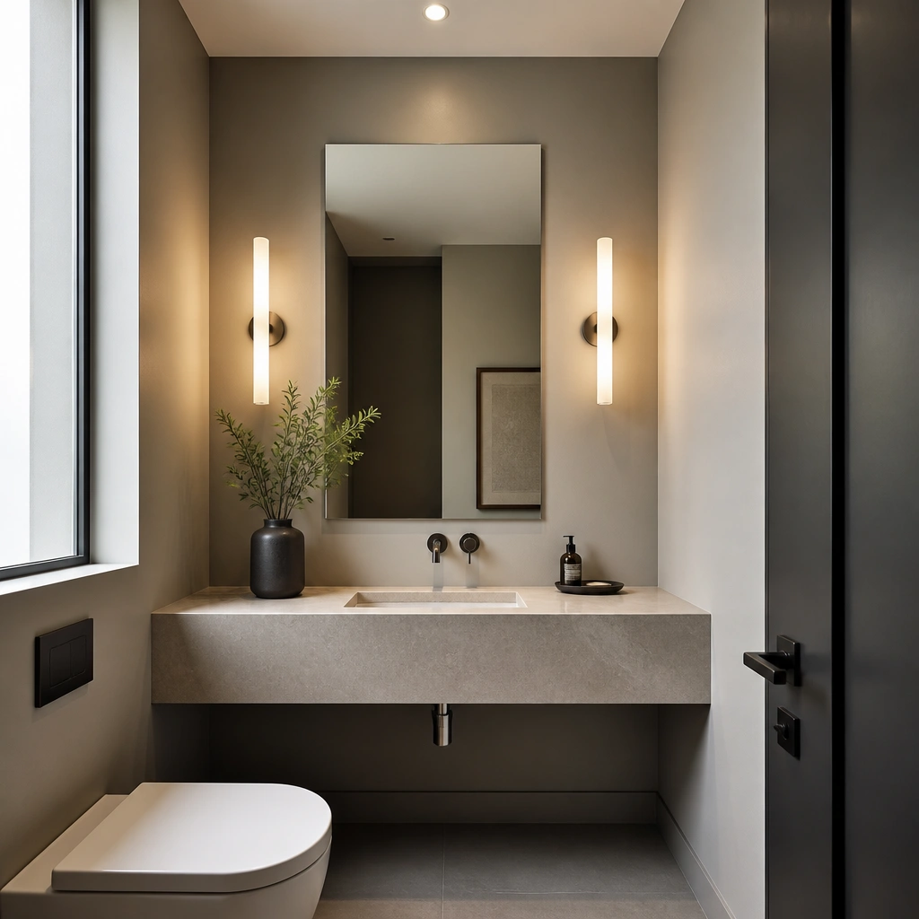 A modern half bathroom with a frameless mirror mounted flush to the wall. Two slim, round wall lights with frosted glass flank the mirror, and the ceiling has a clean recessed LED look with no decorative fixture.