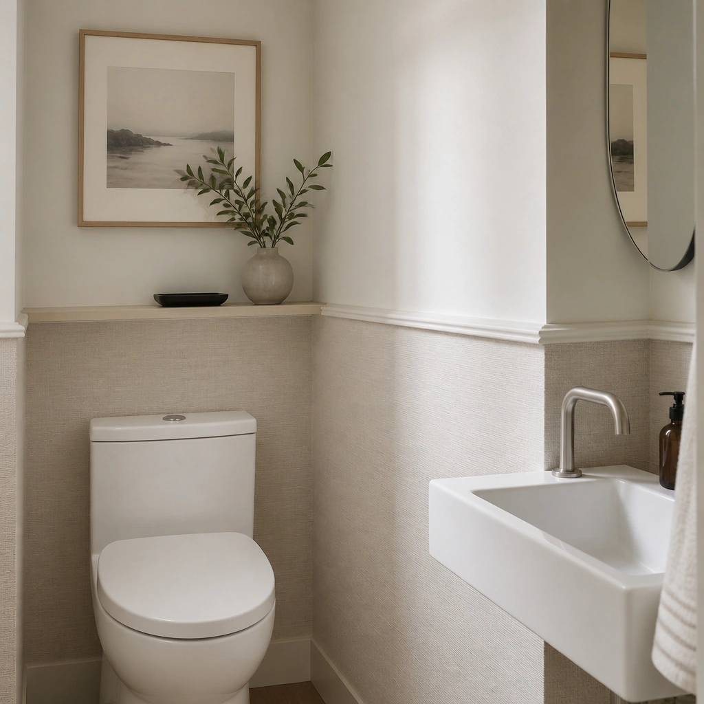 A half bathroom with a textured, subtle neutral wallpaper applied only to the lower half of the wall (wainscot height). The upper wall is smooth warm white. A white toilet, simple chrome-free faucet, and a small black tray sit on a narrow floating shelf.