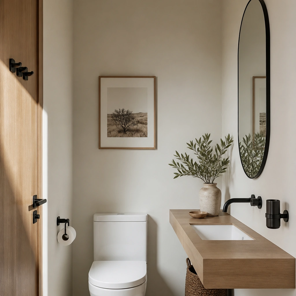 A minimalist half bathroom with a matte black toilet paper holder, a matching small hook rail near the door, and a matte black wall-mounted tumbler. The mirror is a slim oval, and the sink is a clean white undermount with a light wood shelf.