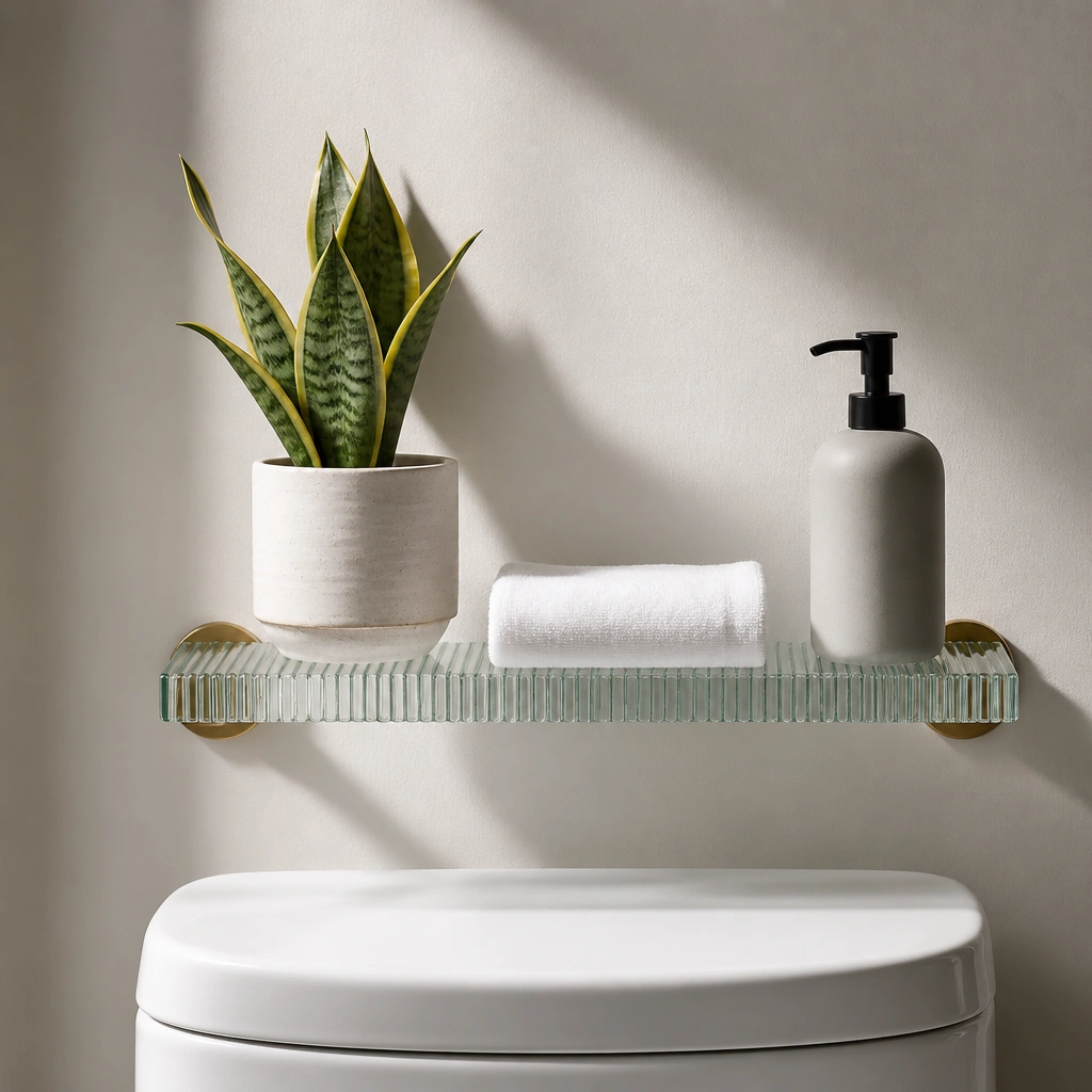 A modern half bathroom with a small reeded-glass shelf mounted above the toilet. On it sits one ceramic planter with a small snake plant, a folded white hand towel, and a single matte soap dispenser. Everything else is out of view.