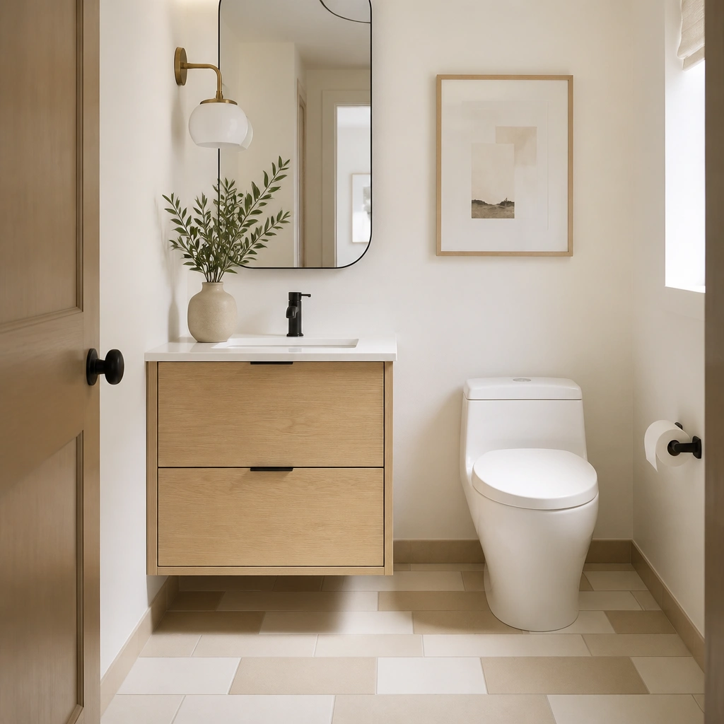 A half bathroom showing a small floor with warm neutral tiles arranged in a clean color-block pattern: ivory and light taupe rectangles with thin grout lines. The wall is smooth warm white, and the vanity is a simple light wood with a white sink.