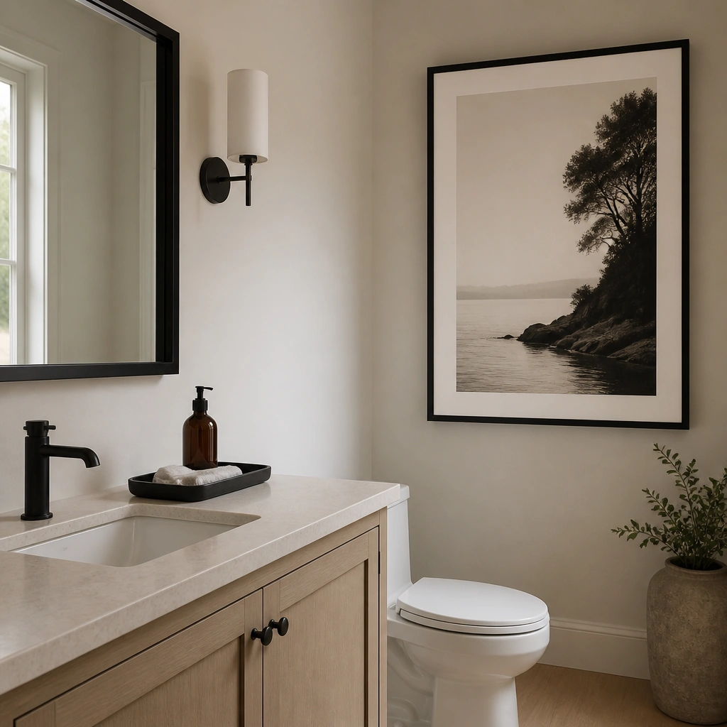 A modern half bathroom with one oversized framed print above the toilet area. The counter is nearly bare except for a tray with a soap dispenser and one folded hand towel. The mirror is a simple rectangular frame in black.