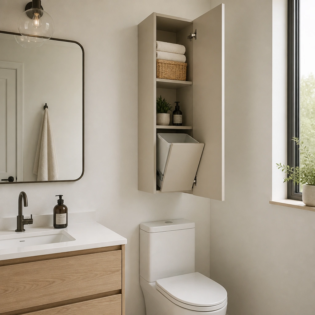 A narrow wall cabinet installed above the toilet with a flat-front door and minimal handle. Inside, the photo shows the door open revealing a small pull-out bin. The vanity below remains bare except for a soap dispenser.