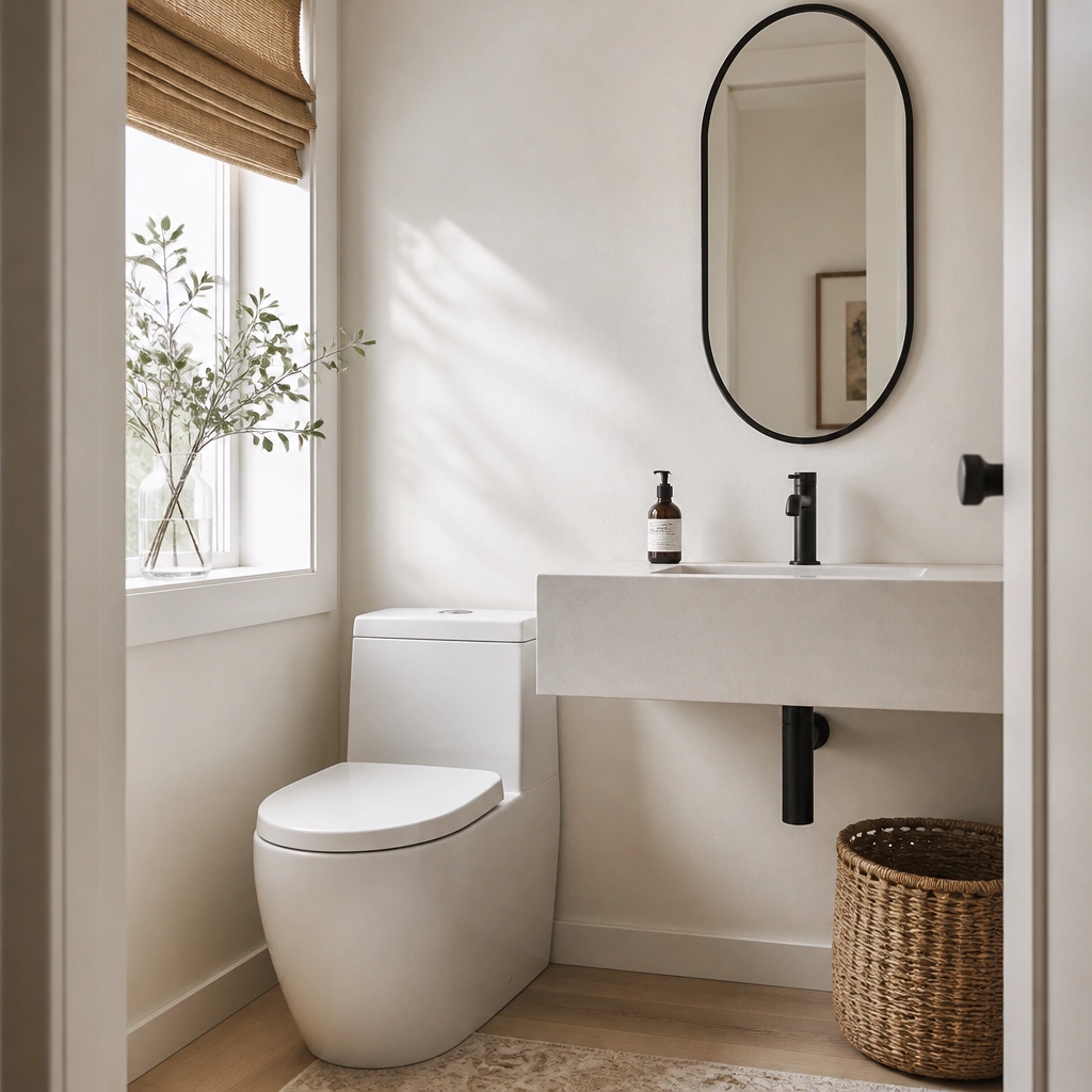 A bright modern half bathroom with warm white walls, a matte white toilet, and a simple chrome-free faucet in brushed nickel or black. A slim oval mirror reflects the space, and a small ledge holds a single bottle of hand soap.