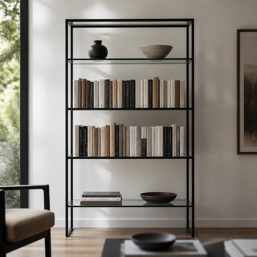 A slim black metal frame shelving unit with clear glass panels. Books fill the center rows in neat vertical lines, while the top row holds only two small objects. The glass reflects a soft overhead light, making the shelves feel airy.