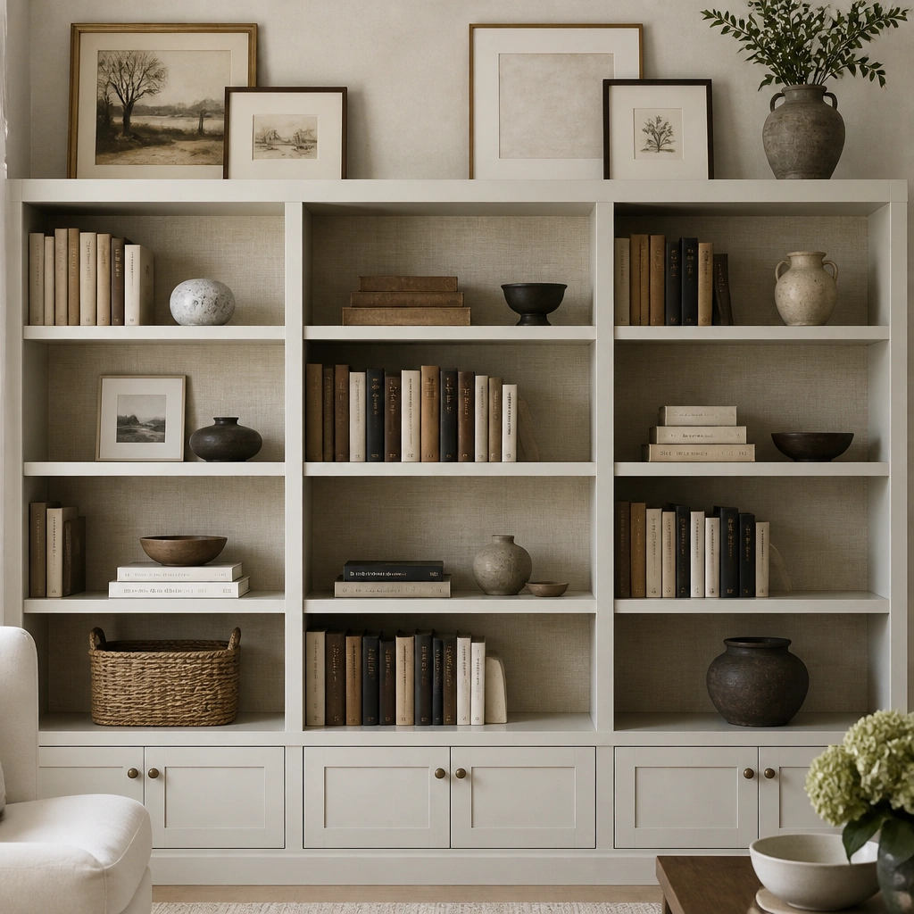 A built-in bookcase with a pale, textured back panel. Multiple compartments are framed with simple trim. Books are arranged in alternating vertical and horizontal blocks, with small framed art placed on the top ledge.