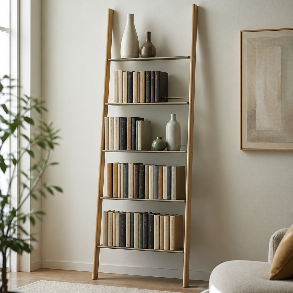 A slim ladder-style shelf made of light wood and metal rungs. Books stand vertically in clean columns across the rungs. A few tall vases are placed on the top and middle rungs, while lower rungs have only books.