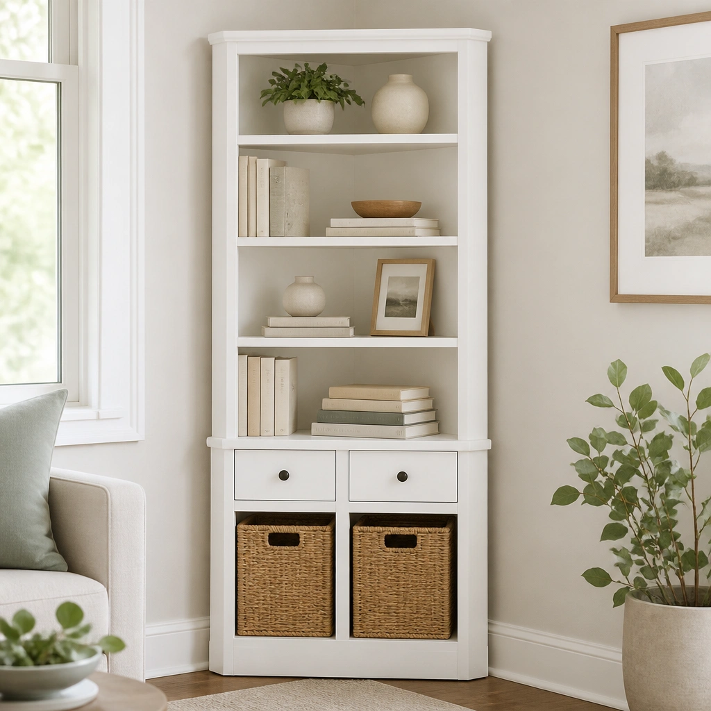 A corner shelf unit with open shelves and two lower cubbies. The open areas show books in tidy stacks. Inside the lower cubbies are woven baskets. The corner unit is painted matte white with simple hardware.