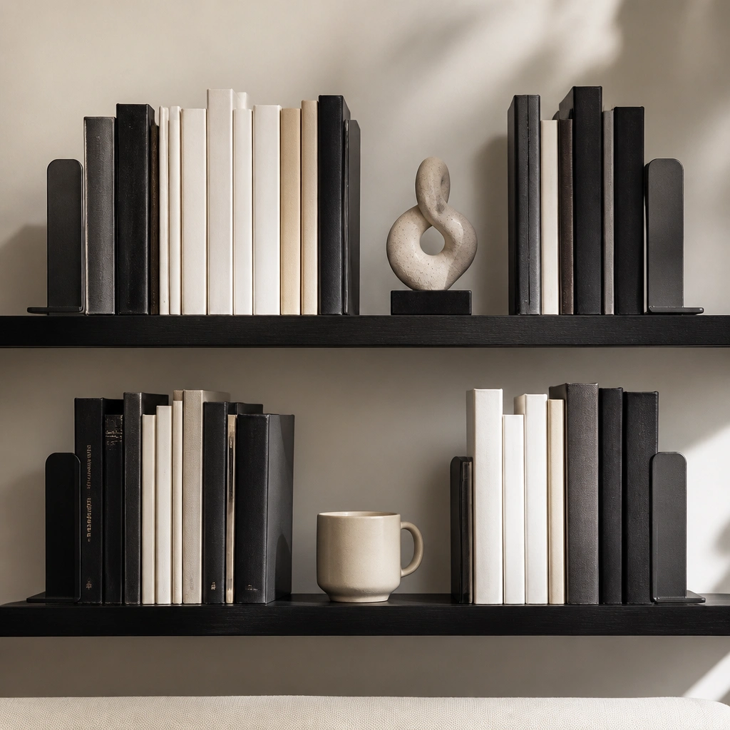Two shelves with a monochrome styling theme: mostly black, white, and cream books. Slim metal bookends hold books upright. Between shelf sections, there’s a single small sculpture and a neutral ceramic mug.