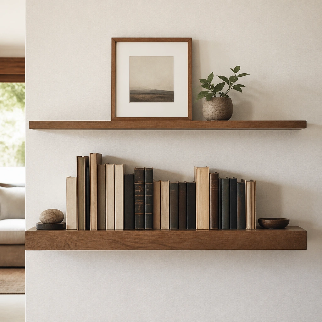 A two-shelf setup where the lower shelf is slightly deeper than the upper. The top ledge is a continuous wood line. Books are staggered by height, but the top row stays minimal with only one framed print and a small plant.