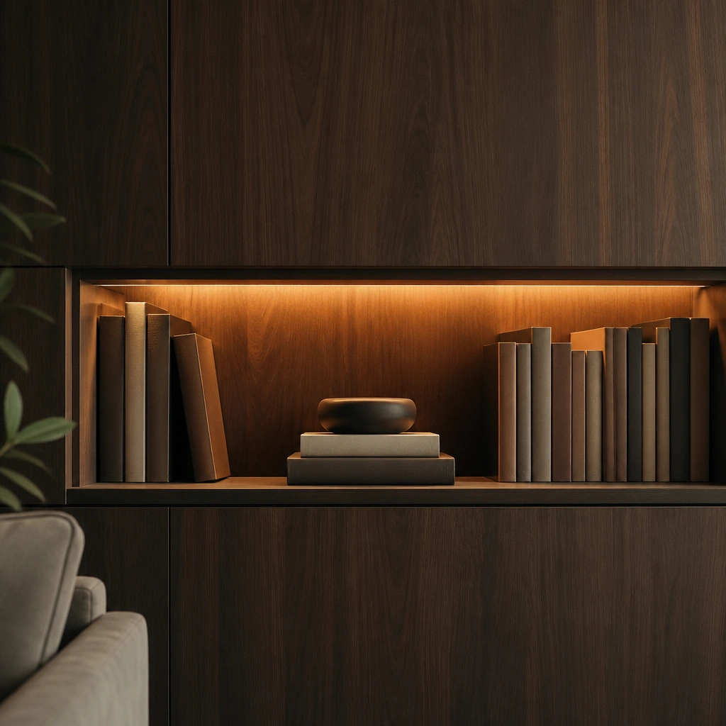 A recessed niche in a dark walnut wall with a slim LED strip lighting the back. Books are placed in the niche with a few stacked horizontally. The warm light makes the spines glow softly.