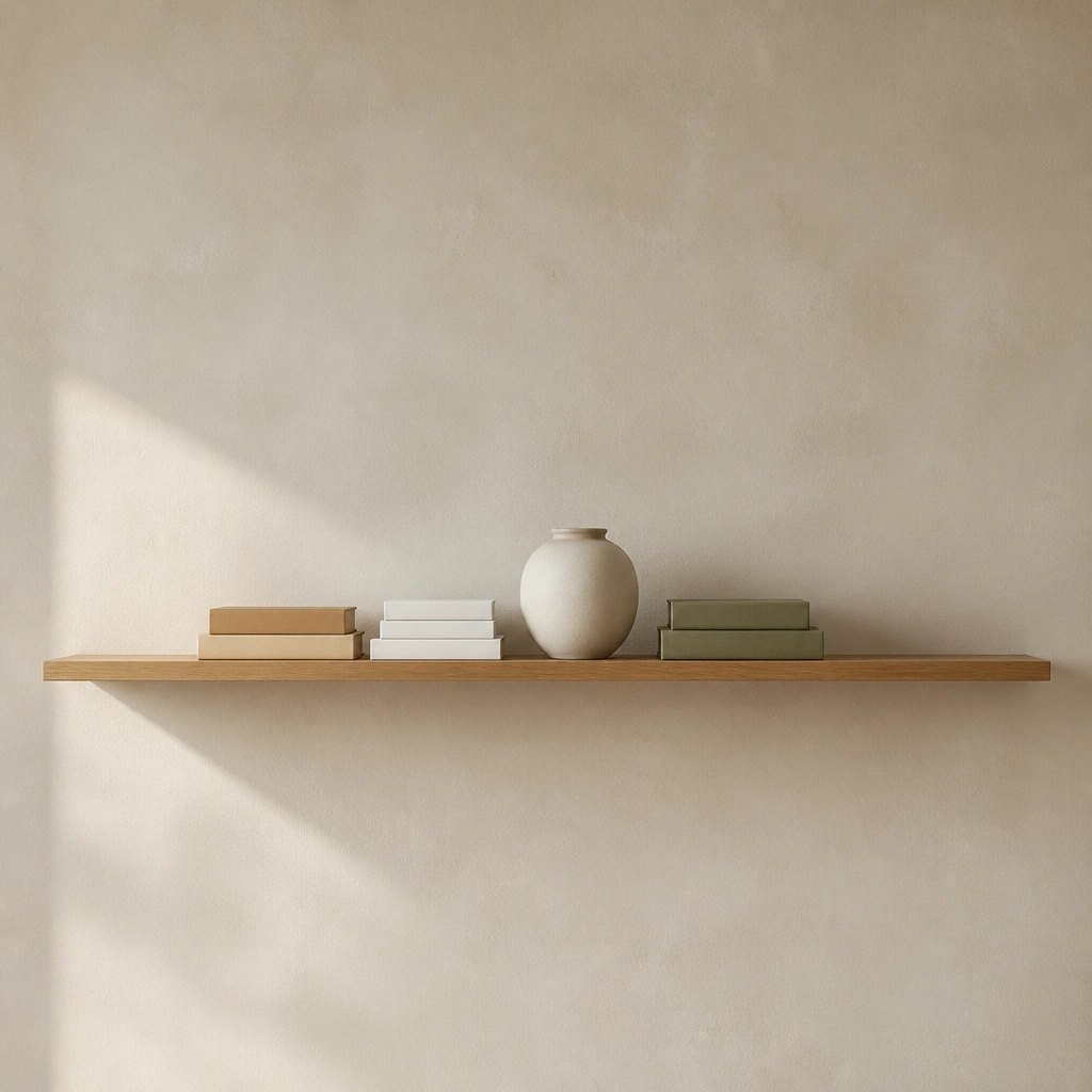 A narrow wall shelf with three color-blocked stacks: tan, white, and muted green. A single matte ceramic accent sits centered. The shelf ends are intentionally empty to create negative space.