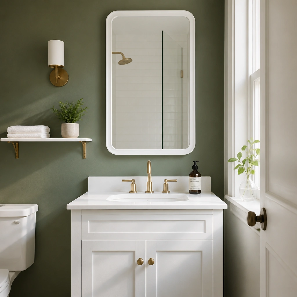 Apartment bathroom with a small vanity; the wall behind it is painted deep sage green, while the countertop and mirror frame are bright white. A simple brass faucet and a narrow shelf hold a folded white towel and a small plant.