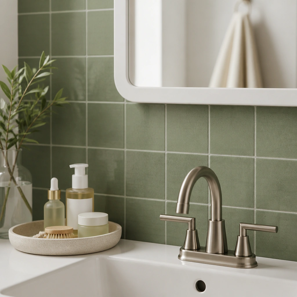 Close-up of a small bathroom sink area; the wall behind the faucet has green tile-look peel-and-stick squares in a subtle matte finish. The grout lines are light gray, with a white mirror above and a small tray with skincare items.